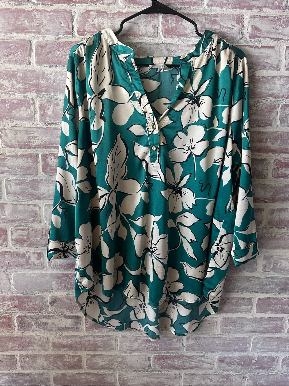Teal & White Floral Tunic Blouse - Relaxed V-Neck
